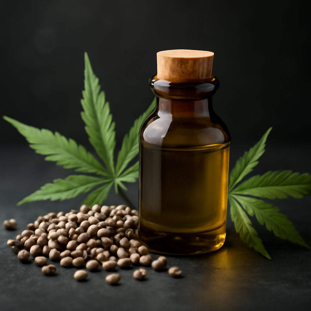 Dark studio flat‑lay of hemp wellness bottle with seeds and leaves, square 2000×2000, brand‑neutral.