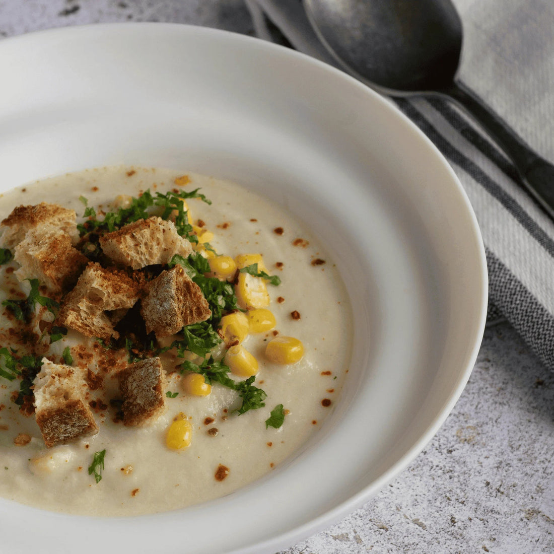 Hemp Corn Chowder Recipe with Tomato Raft (Dairy-Free & Protein-Packed)